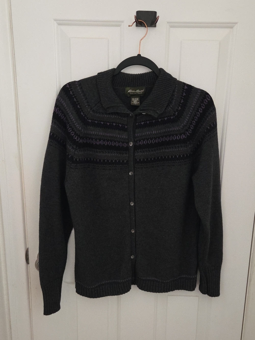 Eddie Bauer Dark Gray Patterned Button-Up Sweater large tall LT